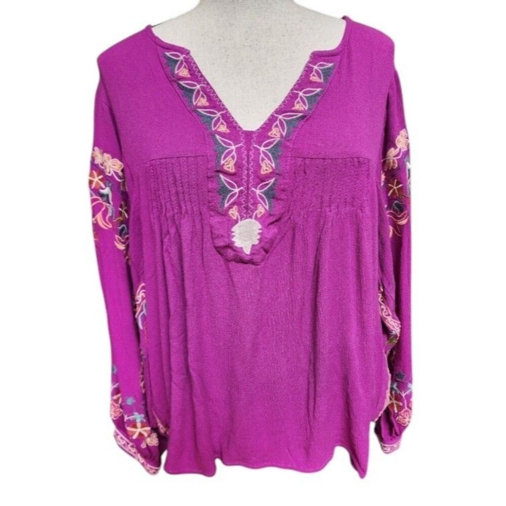 Easel Embroidered Boho Blouse Size Medium Pink Dolman Sleeve Rayon
